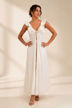 The Aria Ruffle Open Front Maxi Dress – White Eyelet