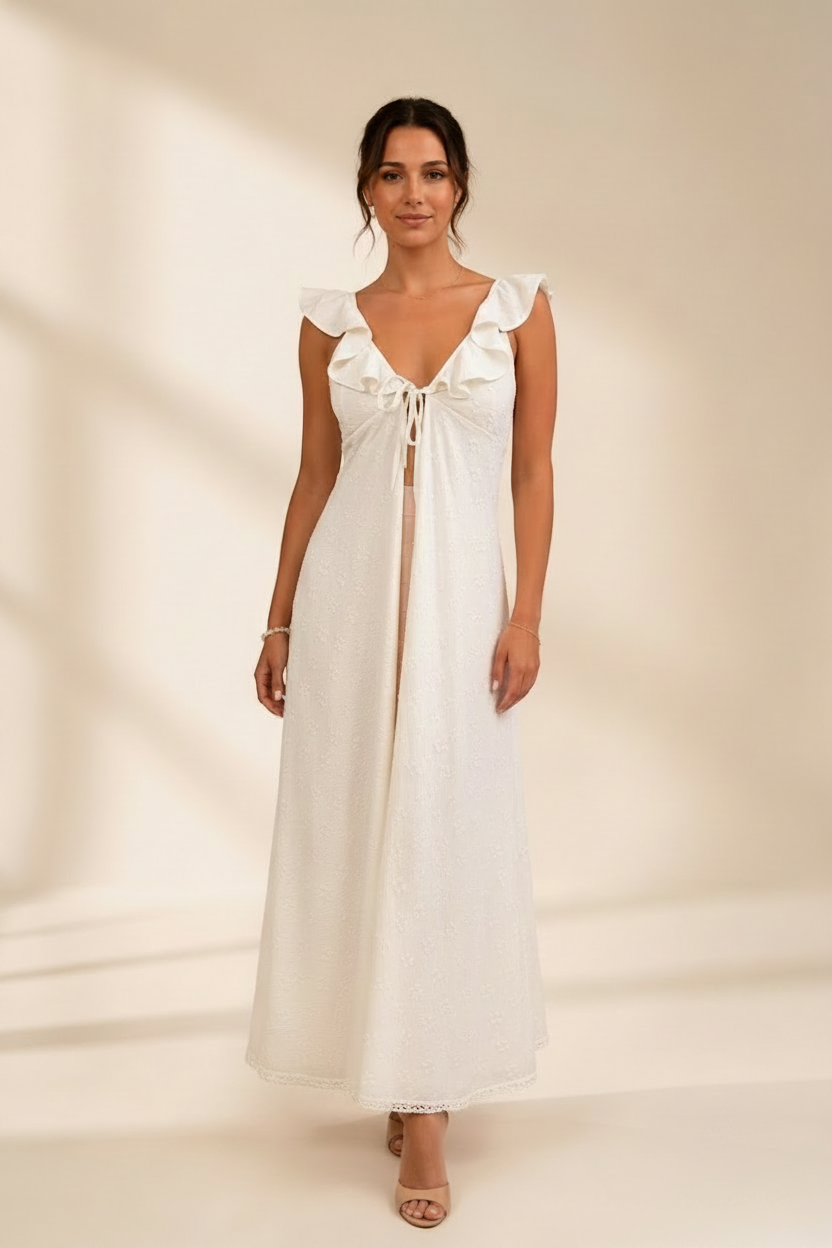 The Aria Ruffle Open Front Maxi Dress – White Eyelet